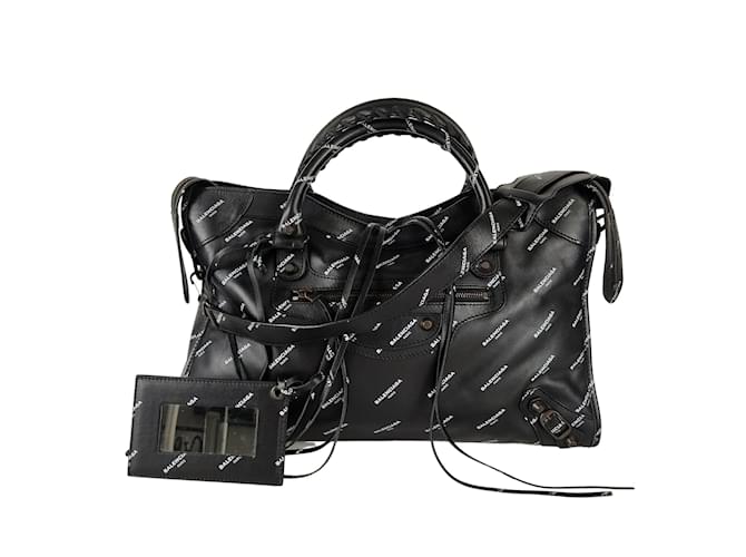 Handbags Balenciaga Balenciaga All Over Logo Print Classic Small City Bag in Black Lambskin Leather
