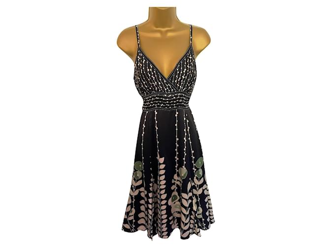 TED BAKER Damen-Kleid aus schwarzer Seide mit Blumenmuster, Fit & Flare, ärmellos, Gr 2 Vereinigtes Königreich 10 Grün Roh  ref.977419