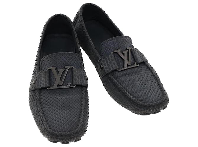 Zapatos de conducción LOUIS VUITTON Cuero exótico 7 Negro Gris LV Auth ak212  ref.977426