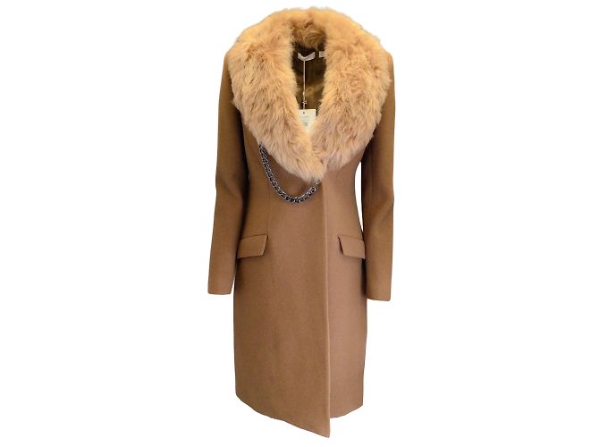 Sass & Bide Tan Shearling Collar Chain Detail Somewhere Here Wollmantel Kamel
