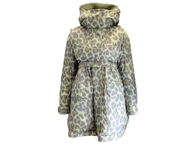 Sacai Green Leopard Printed Hooded Puffer Coat Polyester  ref.977667