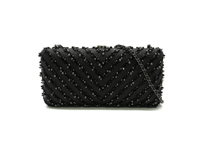 Chanel Beaded Chevron Leather Clutch on Chain Black Pony-style