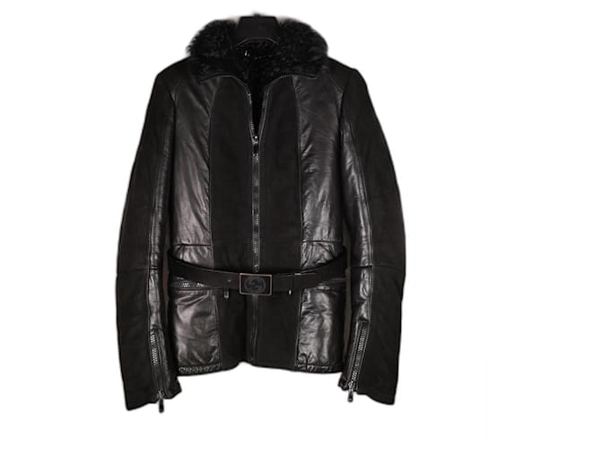 Amazing Gucci Fur Coat with belt Black  ref.978286