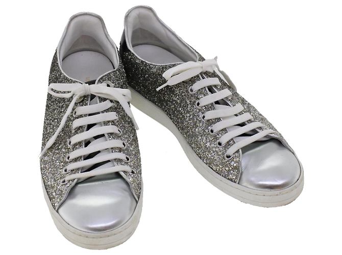 LOUIS VUITTON Front Low Line Glitter Sneakers Leather 38.5 Silver LV Auth ak199 Black Silvery