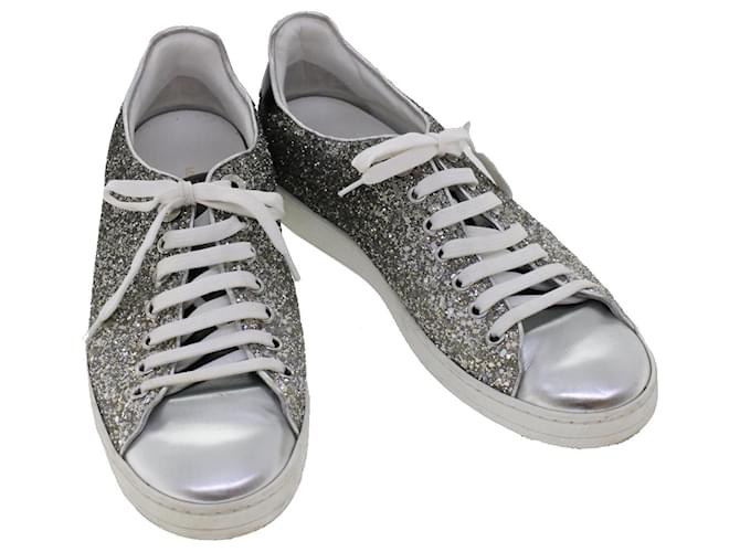 LOUIS VUITTON Front Low Line Glitter Sneakers Leather 38.5 Silver LV Auth ak199 Black Silvery  ref.978350