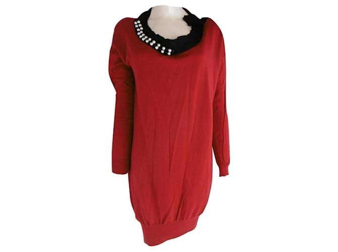 Lanvin beaded rhinestone sweater dress Red Wool  ref.978473