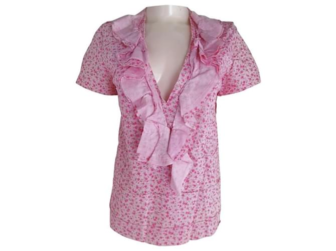 Comme des Garcons Blumenbluse mit Rüschen und V-Ausschnitt Pink Baumwolle  ref.979017