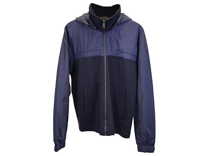 Prada Linea Rossa Two-tone High-neck Hooded Jacket in Navy Blue Viscose Polyamide Cellulose fibre  ref.979023