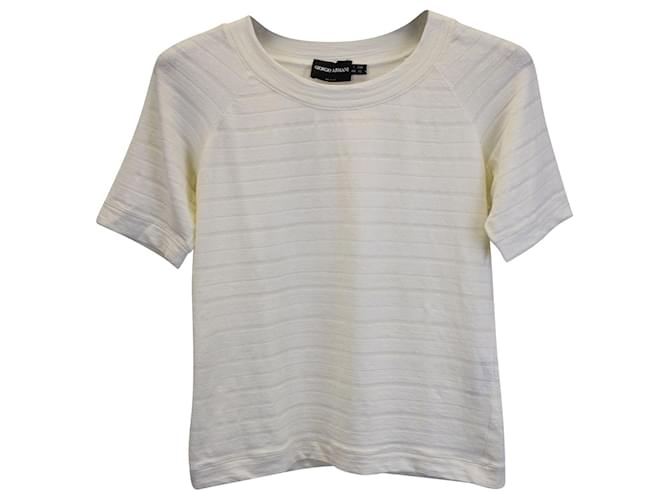 Giorgio Armani Gestreiftes Kurzarm-T-Shirt aus cremefarbenem Leinen Weiß Roh  ref.979060
