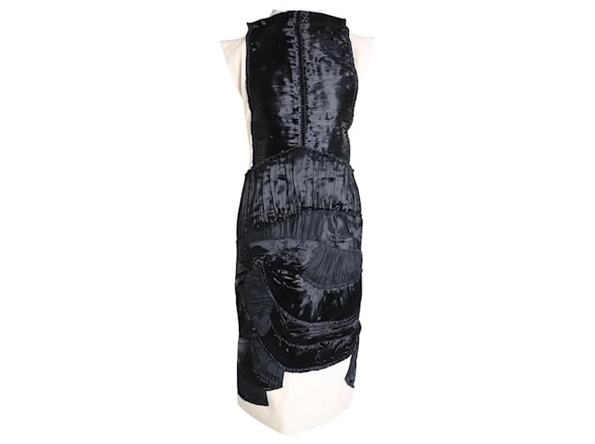 Bottega Veneta Pleated Detail Asymmetric Knee-length Dress in Black and Nude Wool  ref.979263