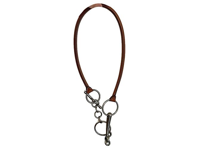 Colar Hermès Mors de couro e metal Prata Castanho claro 