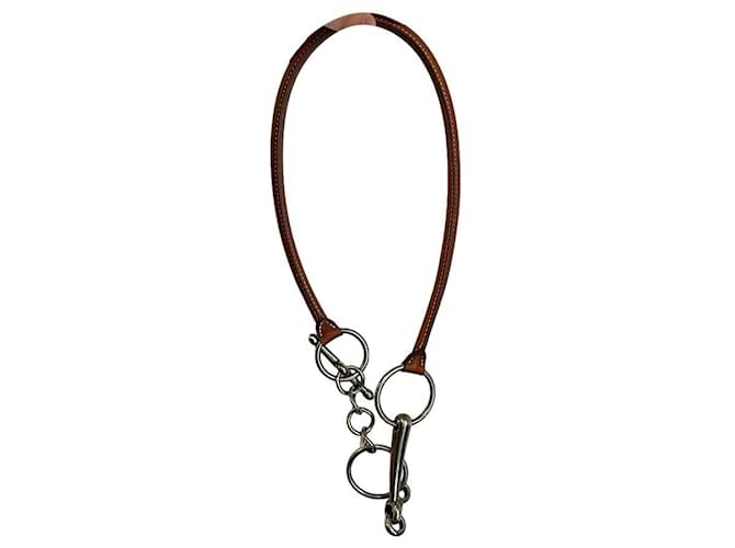 Hermès Mors necklace leather and metal Silvery Light brown 