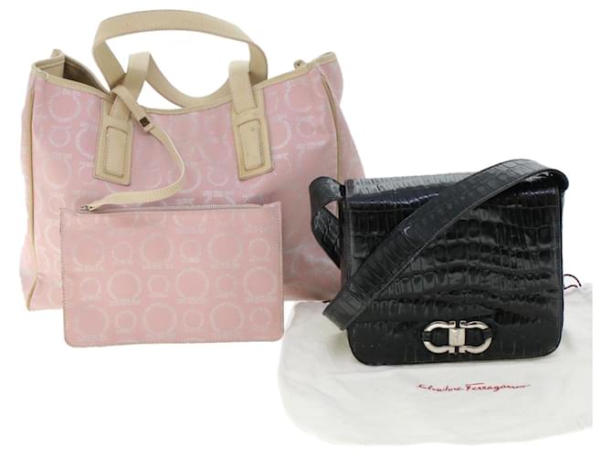 Salvatore Ferragamo Tote Shoulder Bag Leather Canvas 2Set Pink Black Auth bs6641  ref.980216