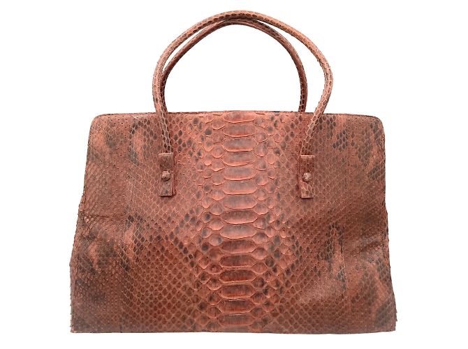 Nancy Gonzalez Red Python Skin Leather Double Top Handle Satchel Handbag