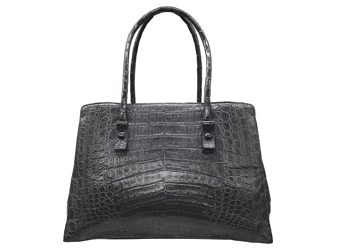 Nancy Gonzalez Dunkelgraue Handtasche mit Krokodillederfutter und Griff oben