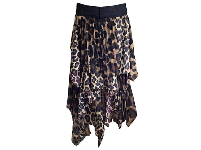 Sacai Tan / Brown / Black Leopard Printed Asymmetrical Hem Tiered Midi Skirt Polyester  ref.980275