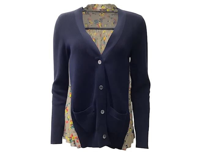 Sacai Navy / Taupe Multi Cardigan with Pleated Back Navy blue Cotton  ref.980375