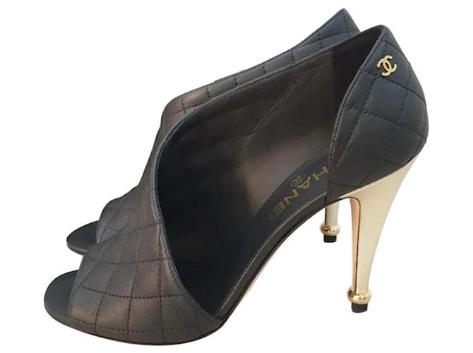 Chanel Open Toe Black Quilted Gold Heels Leather  ref.980818