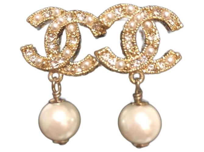 Chanel 2020 Gold Tone CC Pearl Crystal Stud Pierced Drop Earrings Gold  hardware ref.980940 - Joli Closet