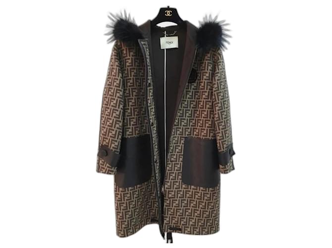 Fendi Abrigo con ribete de piel y lana con estampado de logo en negro y marrón Multicolor  ref.980997