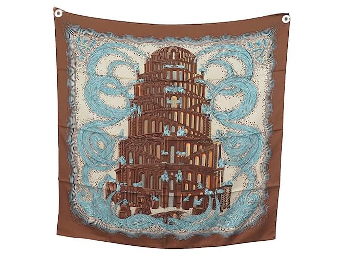 Hermès RARE HERMES SCARF THE RIVERS OF BABEL IN SILK A. FAIVRE SQUARE 90 SILK SCARF Brown  ref.981377