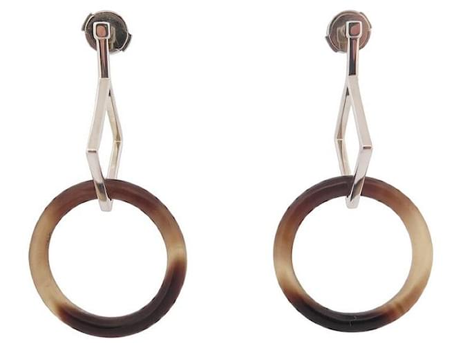 Hermès BOUCLES D'OREILLES HERMES PENDANTES ARGENT MASSIF 925 & CORNE HORN EARRINGS Cuir  ref.981399