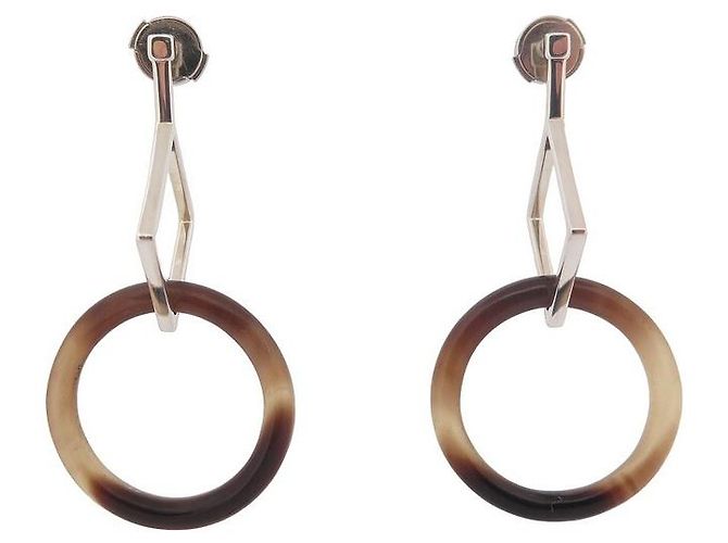 Hermès ORECCHINI PENDENTI HERMES ARGENTO STERLING 925 E ORECCHINI IN CORNO Pelle