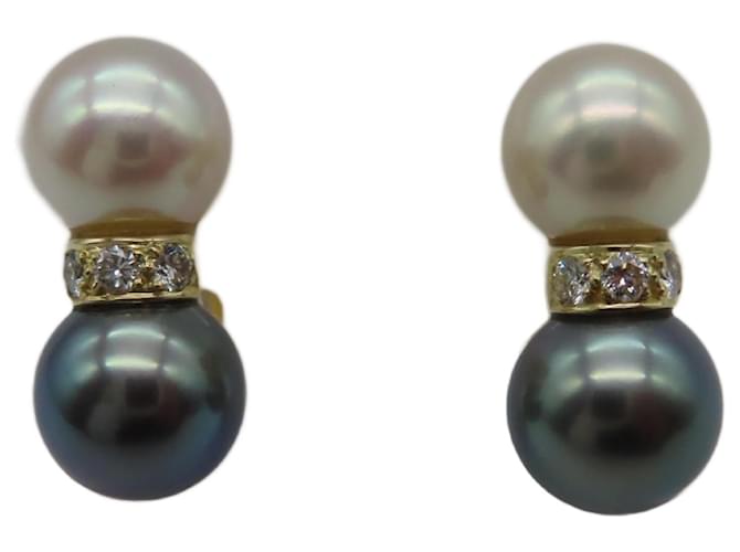 Boucles d'oreilles Cartier Or jaune Perle Diamant Multicolore  ref.982445
