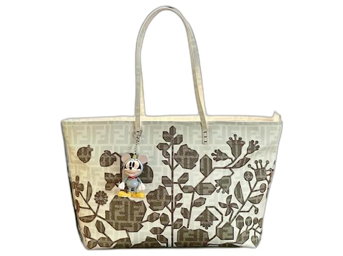 FENDI Zucca Spalmati Floral Embroidered Large Roll Tote Bag White Leather  ref.982465