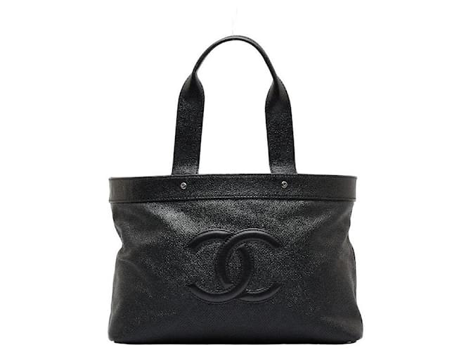 Chanel CC Perforated Leather Tote Bag Black Pony-style calfskin