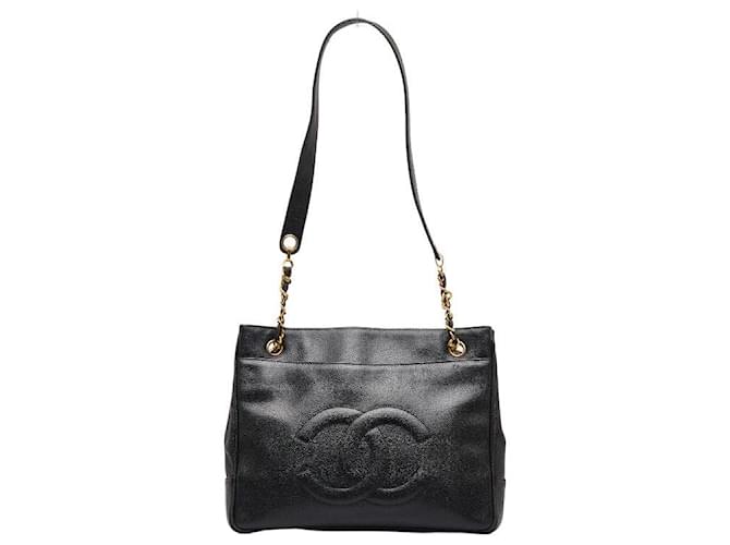 Chanel CC Caviar Chain Tote Bag Black Pony-style calfskin ref