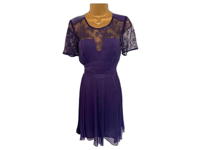 Whistles Womens Clara Purple Pleat Chiffon Lace Short Sleeve Dress UK 8 EU 36 Polyester  ref.982973