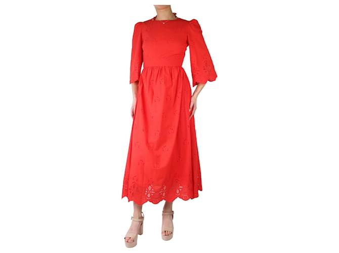 Autre Marque Vestido midi rojo con espalda abierta y bordado - talla UK 8 Roja Algodón  ref.983174