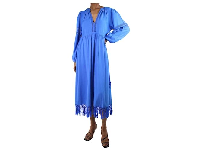 Ulla Johnson Vestido midi de seda azul con mangas abullonadas y flecos - talla UK 6  ref.983354