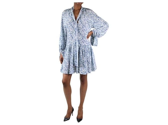 Stella Mc Cartney Blaues, geblümtes, langärmliges Kleid mit Bindekragen – Größe IT 38 Seide  ref.983496