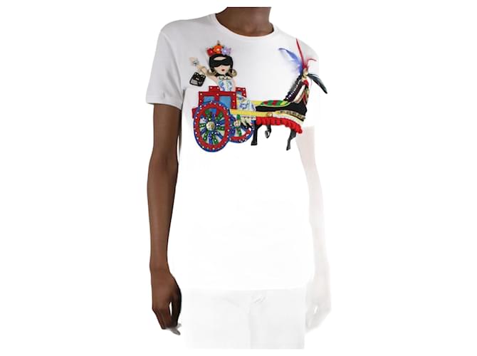Dolce & Gabbana T-shirt bianca con cavallo e carrozza decorata - taglia IT 38 Bianco Cotone  ref.983946