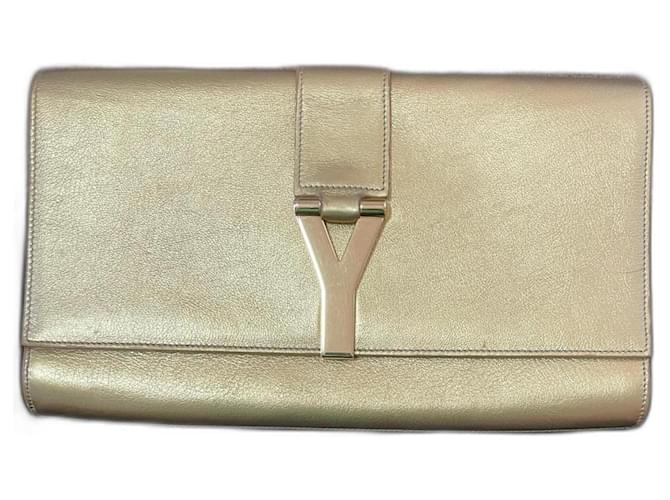 YSL black leather clutch purse, gold tone, handbag - Ruby Lane