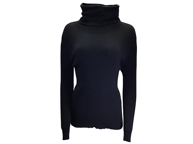 Chanel Black Long Sleeved Ribbed Knit Wool and Cashmere Turtleneck Sweater  ref.984410 - Joli Closet