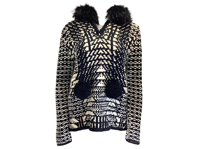 Autre Marque Spencer Vladimir Black / Ivory Fur Trimmed Hooded Merino Wool and Cashmere Hand Knit Sweater  ref.984414