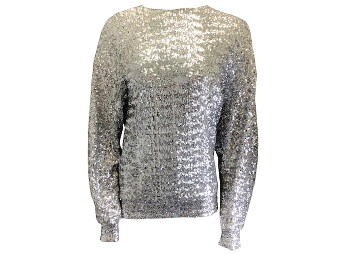 Isabel Marant Silver Metallic Sequined Long Sleeved Top Silvery Polyester  ref.984419