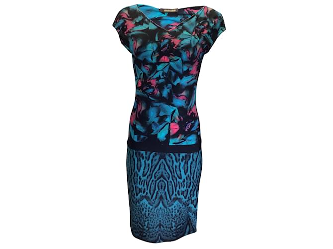 Roberto Cavalli Blau / Rosafarbenes, mehrfarbig bedrucktes Jersey-Stretch-Midikleid Mehrfarben Synthetisch  ref.984428