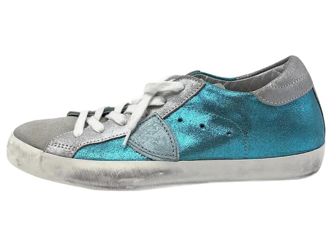 Philippe Model Blaue Canvas-Sneaker mit Spritzern und Glitzer – Größe EU 38  ref.985166