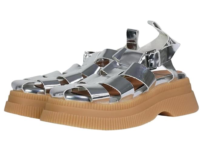 Ganni Silver mirrored leather platform sandals- size EU 37 Silvery ...