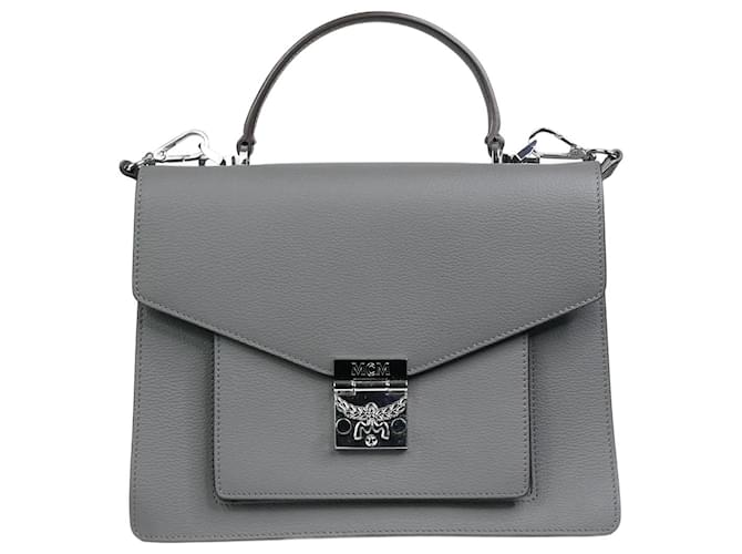 MCM Grey textured leather top-handle bag with silver hardware  ref.985346
