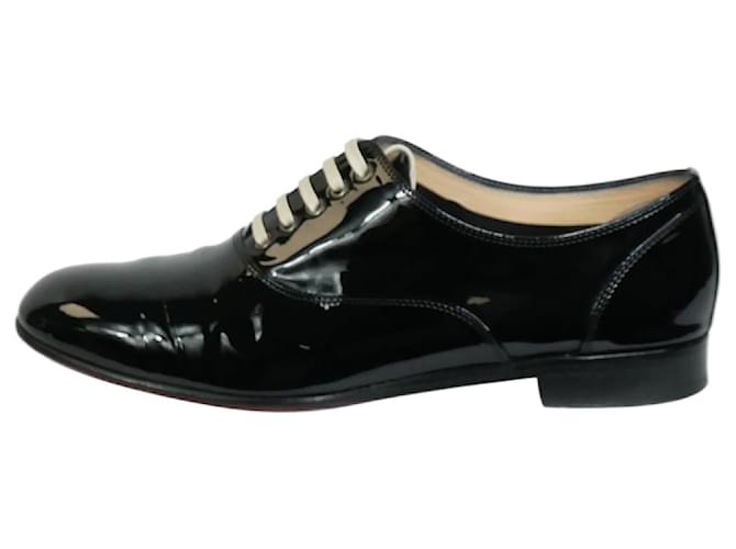 Christian Louboutin Black patent flat shoes with white laces - size EU 37.5 Leather  ref.985544