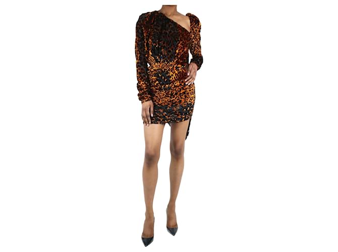 Saint Laurent Vestido de um ombro com estampa de leopardo em veludo laranja - tamanho FR 34 Seda  ref.985681
