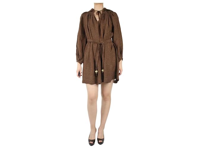Lisa Marie Fernandez Brown sparkly puff-sleeve belted dress - size UK 10 Linen  ref.985702