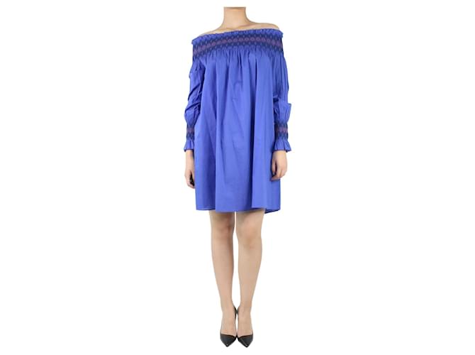Maje Blue off the shoulder shirred mini dress - size UK 10 Cotton  ref.985705