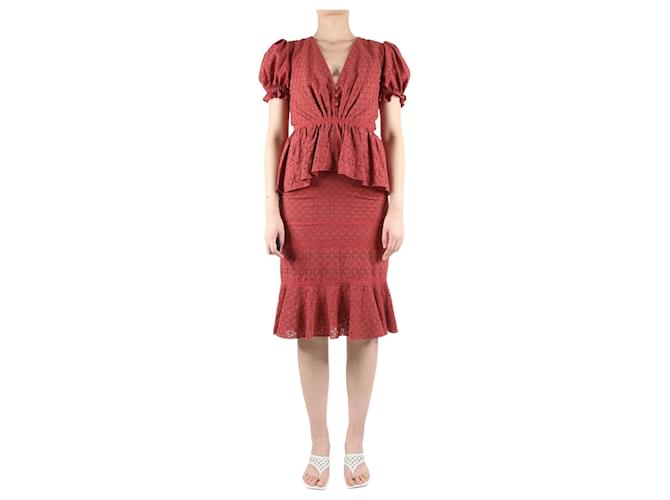 Johanna Ortiz Red short-sleeved embroidered ruffle midi dress - size UK 6 Cotton  ref.985815