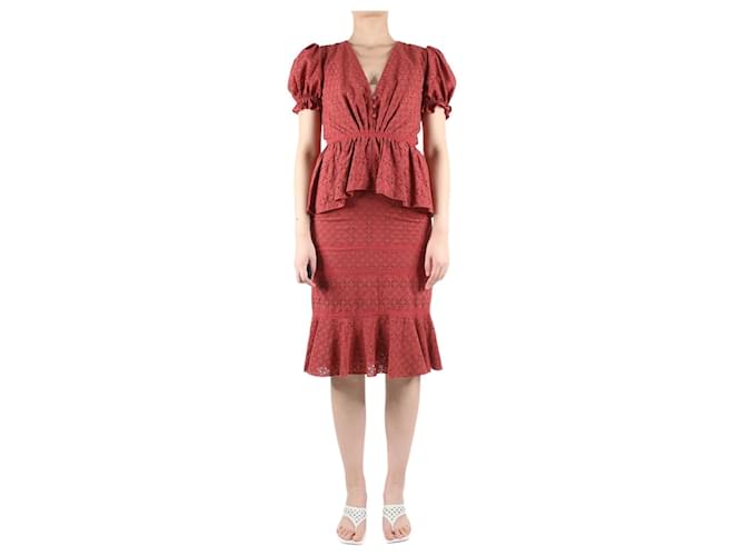 Autre Marque Red short-sleeved embroidered ruffle midi dress - size UK 6 Cotton  ref.985815